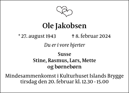 Dødsannoncen for Ole Jakobsen - København