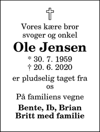 Dødsannoncen for Ole Jensen - Vejgaard