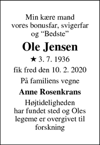 Dødsannoncen for Ole Jensen - Snoghøj, Fredericia