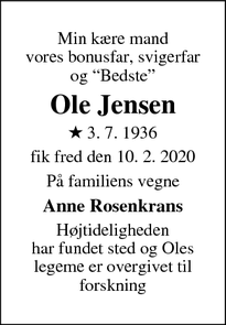 Dødsannoncen for Ole Jensen - Snoghøj, Fredericia
