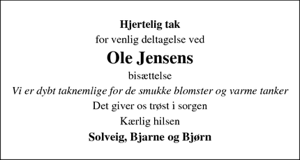 Dødsannoncen for Ole Jensens - Stensved