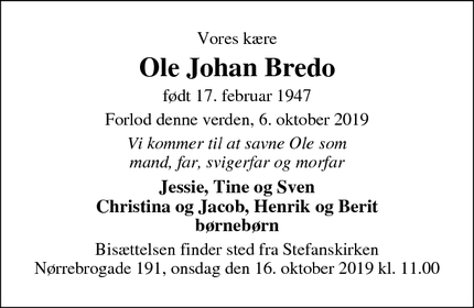 Dødsannoncen for Ole Johan Bredo - København N