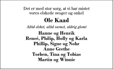 Dødsannoncen for Ole Kaad - Lind