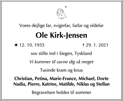 Dødsannoncen for Ole Kirk-Jensen - Copenhagen K