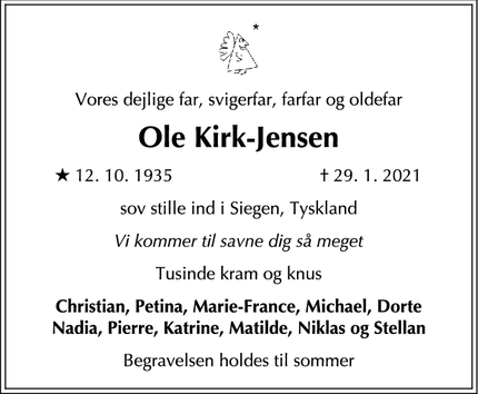 Dødsannoncen for Ole Kirk-Jensen - Copenhagen K