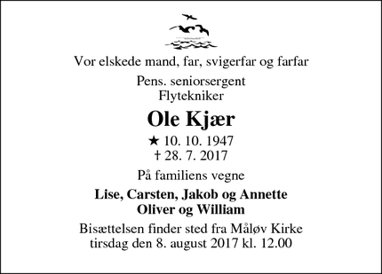 Dødsannoncen for Ole Kjær - Ballerup