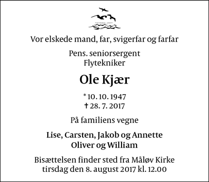 Dødsannoncen for Ole Kjær - Ballerup