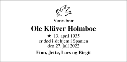 Dødsannoncen for Ole Klüver Holmboe - Torreveja, Spanien