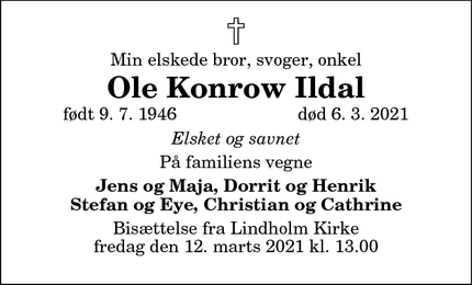 Dødsannoncen for Ole Konrow Ildal - Hals