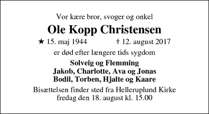 Dødsannoncen for Ole Kopp Christensen - Hellerup