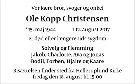 Dødsannoncen for Ole Kopp Christensen - Hellerup