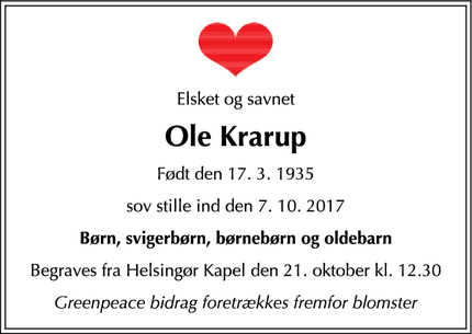 Dødsannoncen for Ole Krarup - Helsingør