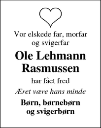 Dødsannoncen for Ole Lehmann Rasmussen - Frederiksværk