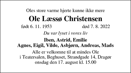 Dødsannoncen for Ole Læssø Christensen - Dragør