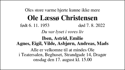 Dødsannoncen for Ole Læssø Christensen - Dragør
