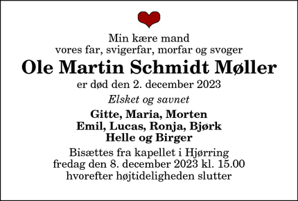 Dødsannoncen for Ole Martin Schmidt Møller - Hjørring 