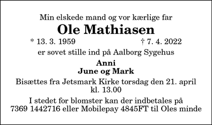 Dødsannoncen for Ole Mathiasen - Kaas
