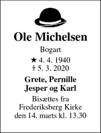 Dødsannoncen for Ole Michelsen - Frederiksberg