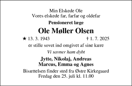 Dødsannoncen for Ole Møller Olsen - Roskilde