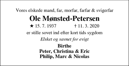 Dødsannoncen for Ole Mønsted-Petersen - Kastrup