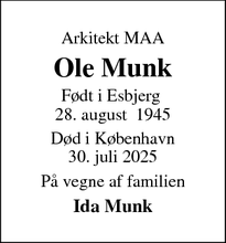 Dødsannoncen for Ole Munk - Frederiksberg