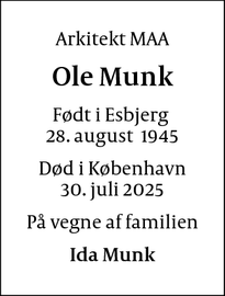 Dødsannoncen for Ole Munk - Frederiksberg
