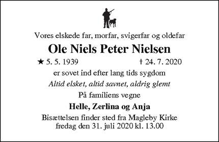 Dødsannoncen for Ole Niels Peter Nielsen - Stevns