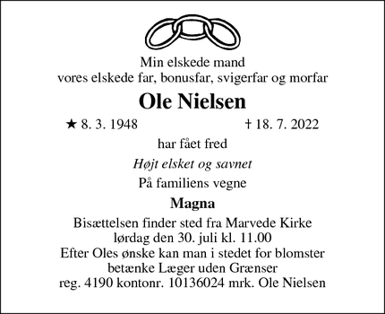 Dødsannoncen for Ole Nielsen - Næstved