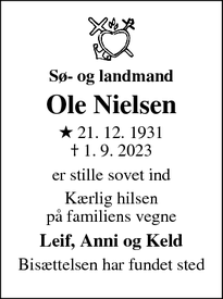 Dødsannoncen for Ole Nielsen - Fuglebjerg