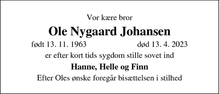 Dødsannoncen for Ole Nygaard Johansen - Skanderborg