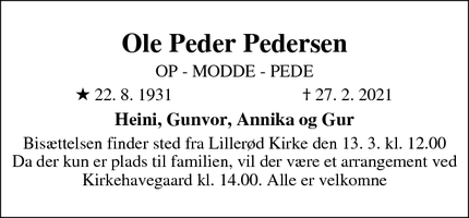 Dødsannoncen for Ole Peder Pedersen - Lillerød, Allerød