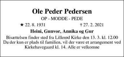 Dødsannoncen for Ole Peder Pedersen - Lillerød, Allerød