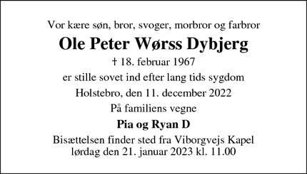 Dødsannoncen for Ole Peter Wørss Dybjerg - Holstebro