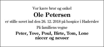 Dødsannoncen for Ole Petersen - Sønderborg