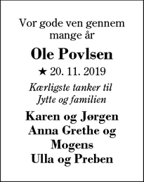Dødsannoncen for Ole Povlsen - Herning/Sunds