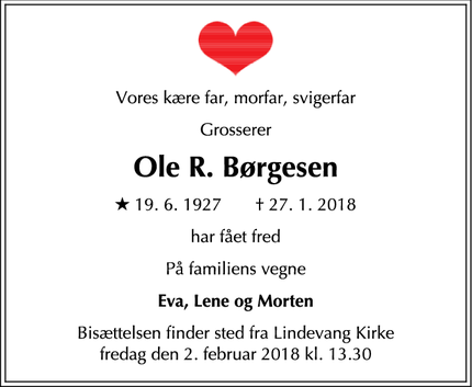Dødsannoncen for Ole R. Børgesen - Frederiksberg