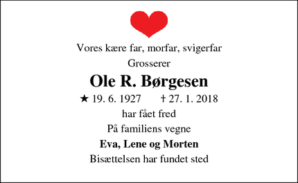 Dødsannoncen for Ole R. Børgesen - Frederiksberg