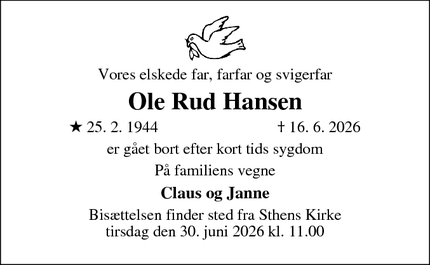 Dødsannoncen for Ole Rud Hansen - Helsingør