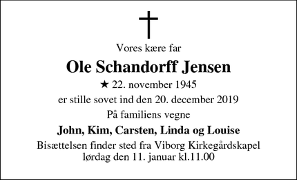 Dødsannoncen for Ole Schandorff Jensen - Viborg