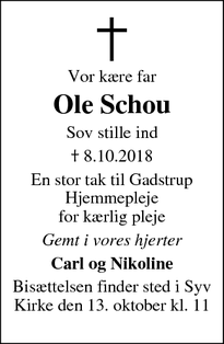 Dødsannoncen for Ole Schou - Viby Sjælland