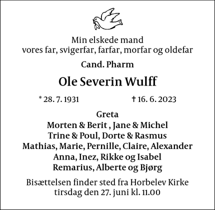 Dødsannoncen for Ole Severin Wulff - Nykøbing F