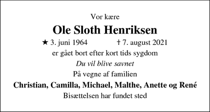 Dødsannoncen for Ole Sloth Henriksen - Glostrup