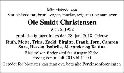 Dødsannoncen for Ole Smidt Christensen - Odense