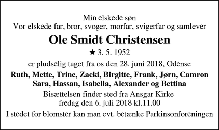 Dødsannoncen for Ole Smidt Christensen - Odense