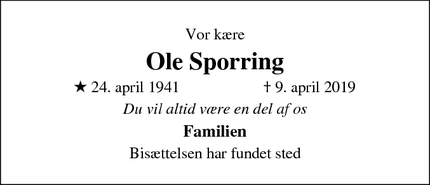 Dødsannoncen for Ole Sporring - Kastrup