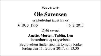Dødsannoncen for Ole Sørensen - Lyngby