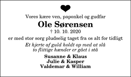 Dødsannoncen for Ole Sørensen - Vestbjerg 