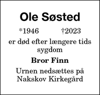 Dødsannoncen for Ole Søsted - Nakskov