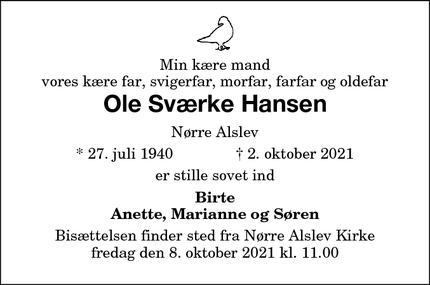 Dødsannoncen for Ole Sværke Hansen - 4840 Nørre Alslev 