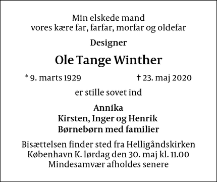 Dødsannoncen for Ole Tange Winther - København
